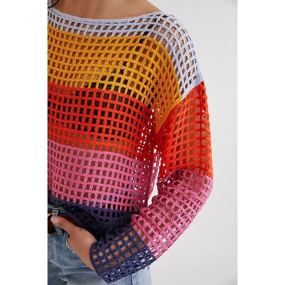 Anthropologie Maeve Crochet Long Sleeve OS Top/ Beach Cover Rainbow Boho Relaxed - Picture 3 of 10